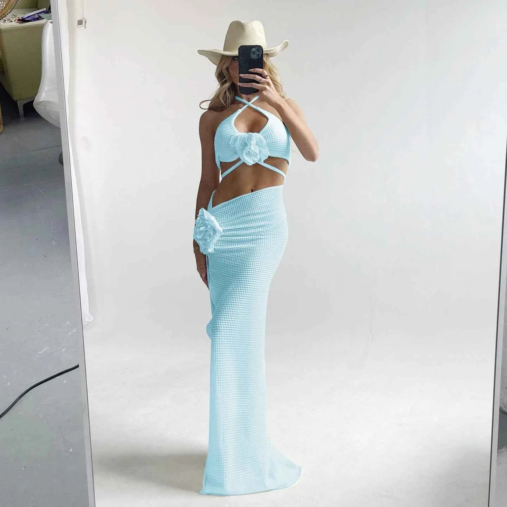 2025 3pack Bikini with Beach Skirt Swimwear Women 3D Flower Swimsuit Halter Bathing Suit Beachwear Bikini Set Biquini