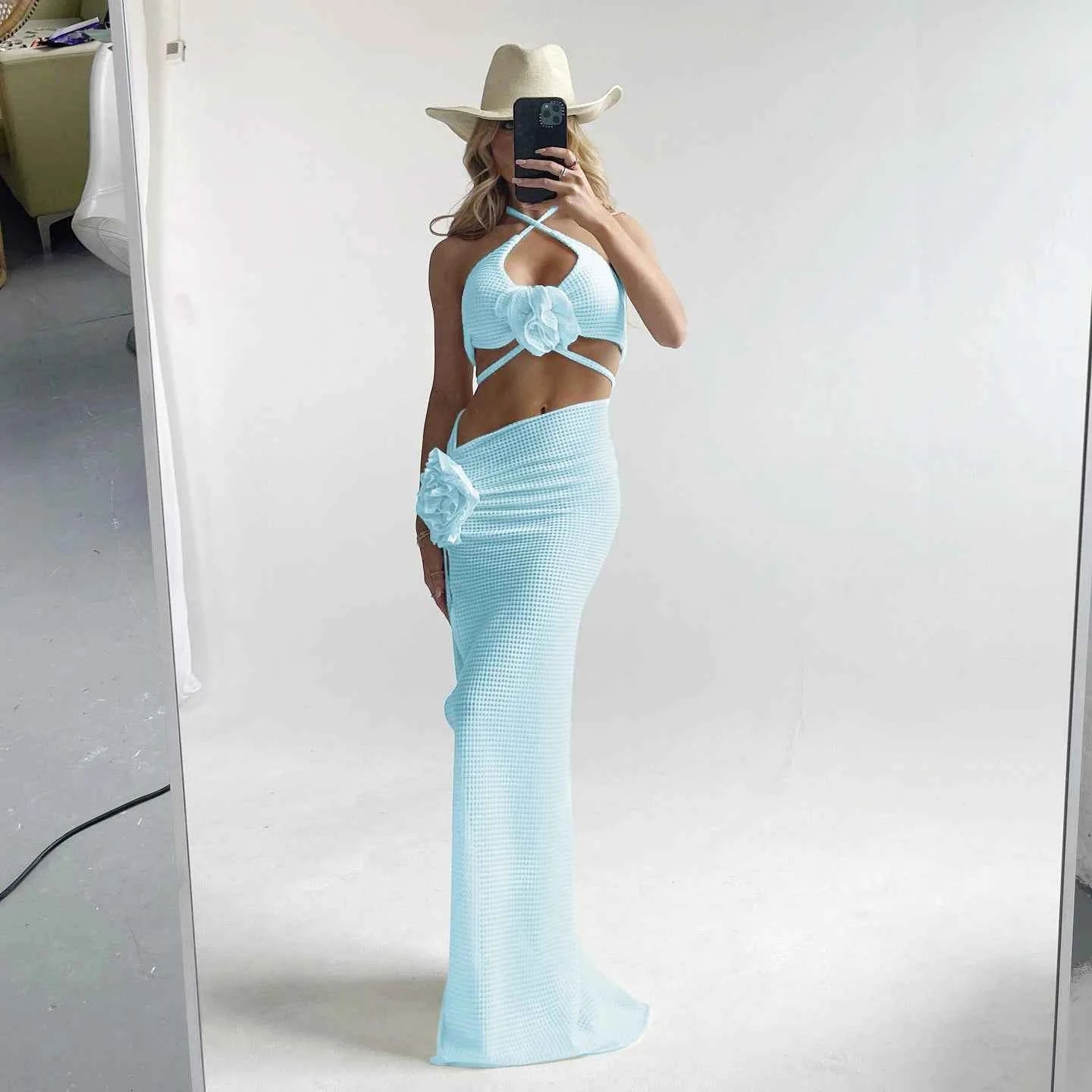 2025 3pack Bikini with Beach Skirt Swimwear Women 3D Flower Swimsuit Halter Bathing Suit Beachwear Bikini Set Biquini