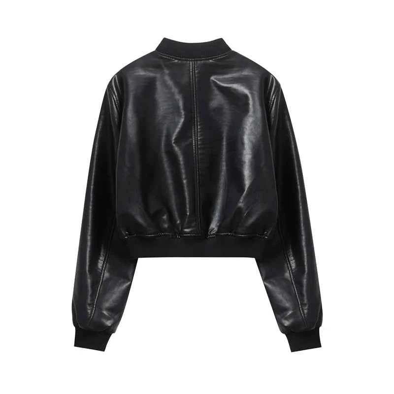 ZVRI Women's 2023 new vintage imitation leather bomber jacket coat top women's style