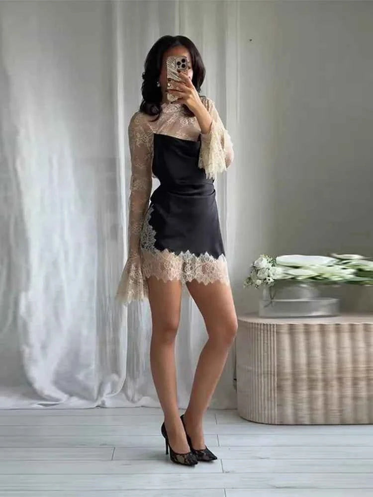 Elegant Lace Trim Satin Dress Women High Neck Color Block Full Sleeve Y2K Mini Dresses 2026 Spring Lady New Sexy Party Clubwear