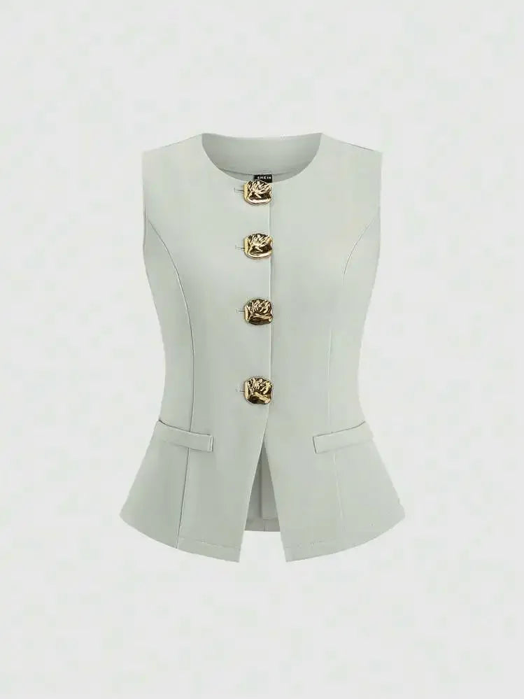 Fashionable Little Fragrance Style Women's Sleeveless round Neck Vest Waist-Cinching Pure Color Cross-Border Women's Jacket