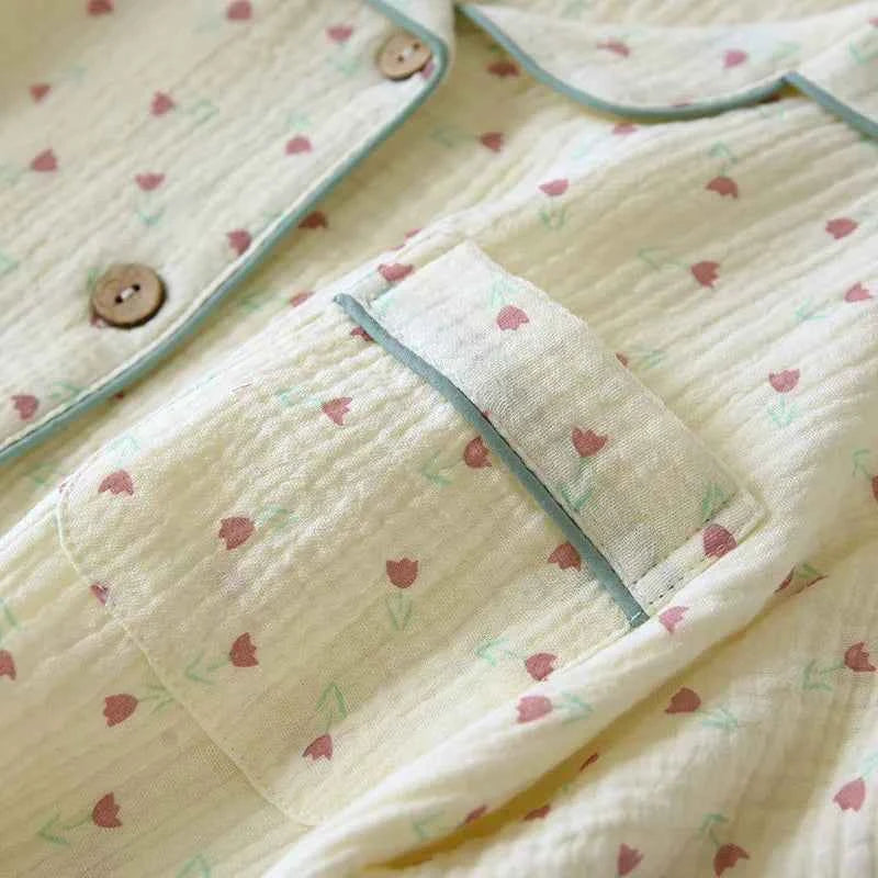 2025 Summer Women Pajamas Cute Tulip  Printing Sleepwear 100% Cotton Gauze Female 2 Piece Set  Nightwear Pyjamas Loungewear