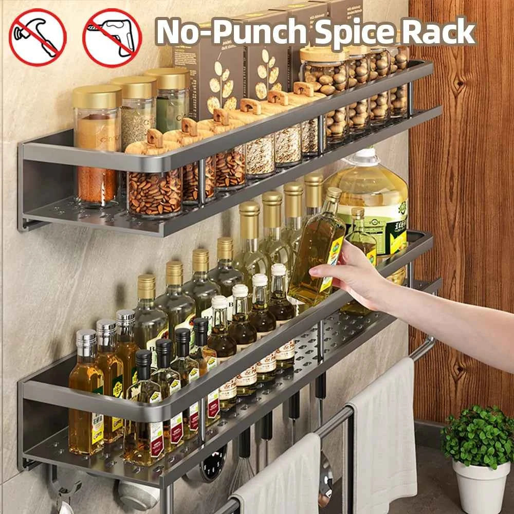 Wall-Mounted Kitchen Spice Rack Organizer Carbon Steel No Drilling 12-20 Inch Seasoning Holder Shelf for Easy Access to Spices