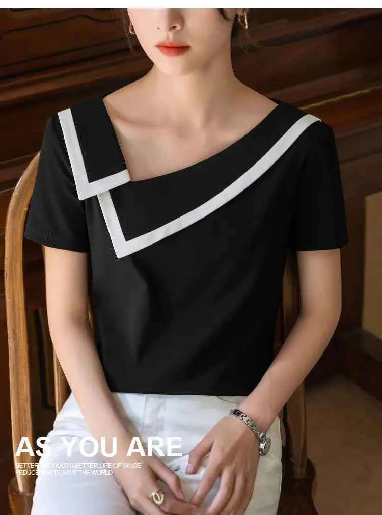 French Haute Couture Niche Design Black White Panelled Diagonal Neck Short Sleeved T-shirt Women's Patchwork Fashion Slim Top