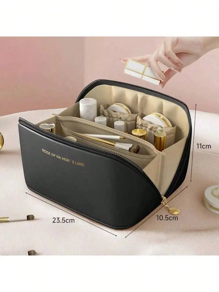PU Leather Waterproof Cosmetic Bag, Portable Cosmetic Bag, Cosmetics Storage Bag, Large Capacity Spacious Double-Layer Makeup Bag, Suitable For Cosmetics, Skin Care Products, Cosmetic Storage And Storage.