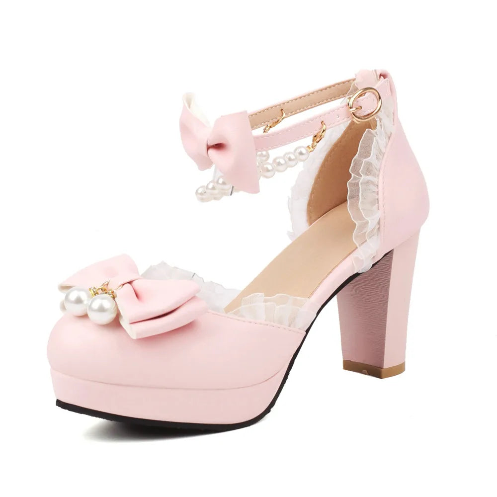 Spring Pearl Ankle Strap Women High Heels Mary Jane Pumps Party Wedding Cosplay White Pink Bow Princess High-heeled Lolita Shoes