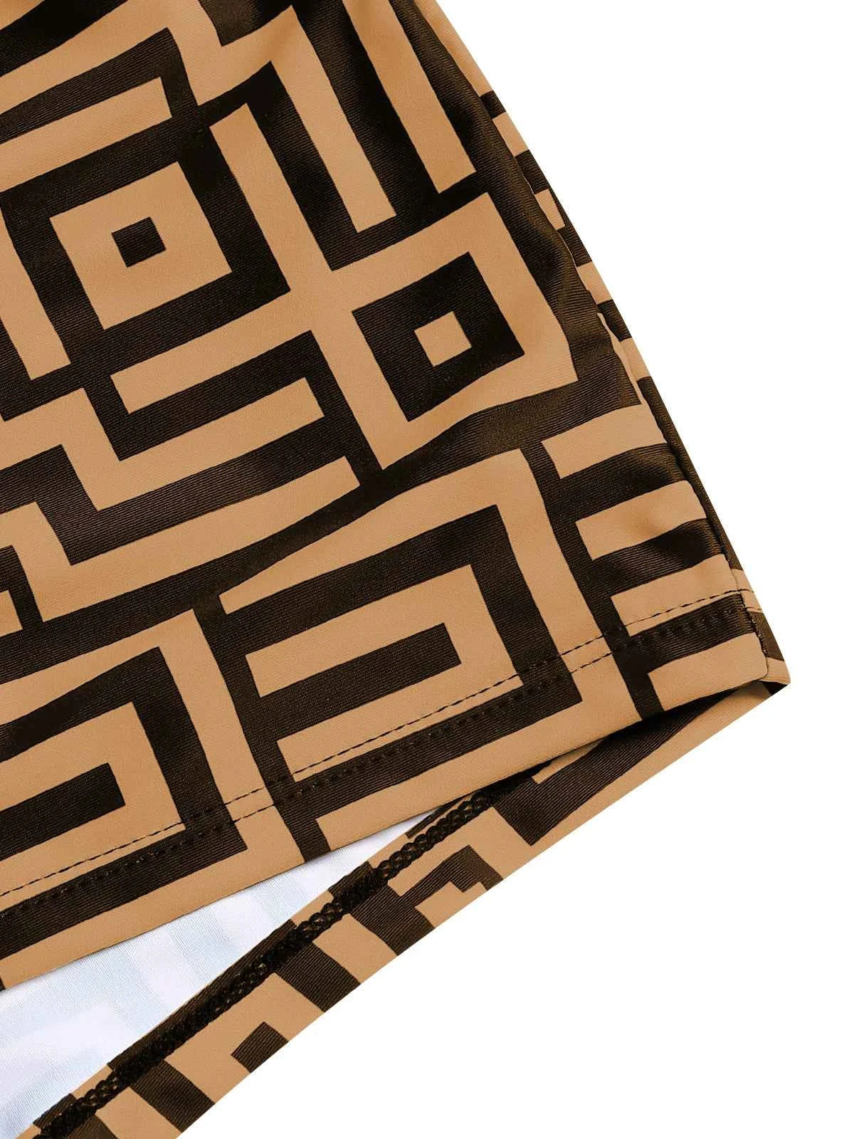 Women's Beach Summer Geometric Print Three-Piece Swimsuit Set with Long Sleeve Beach Cover-Up, Polyester Knit Fabric with Elasta