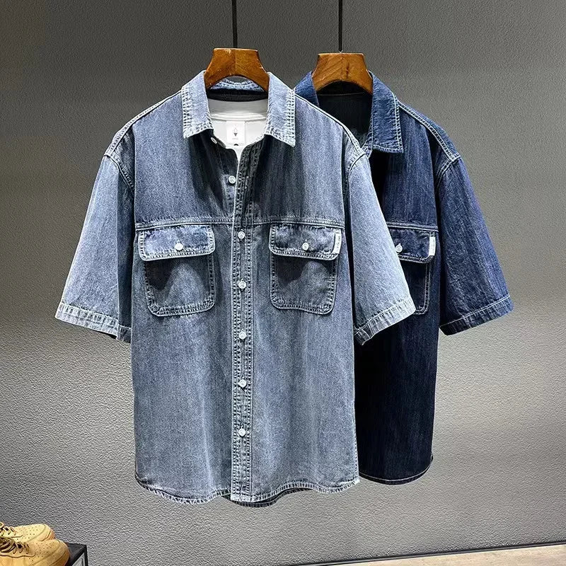 Summer New Men's Denim Short-sleeved Shirt Retro Large Size Tooling Loose Casual Denim Tops All-match 7XL 8XL