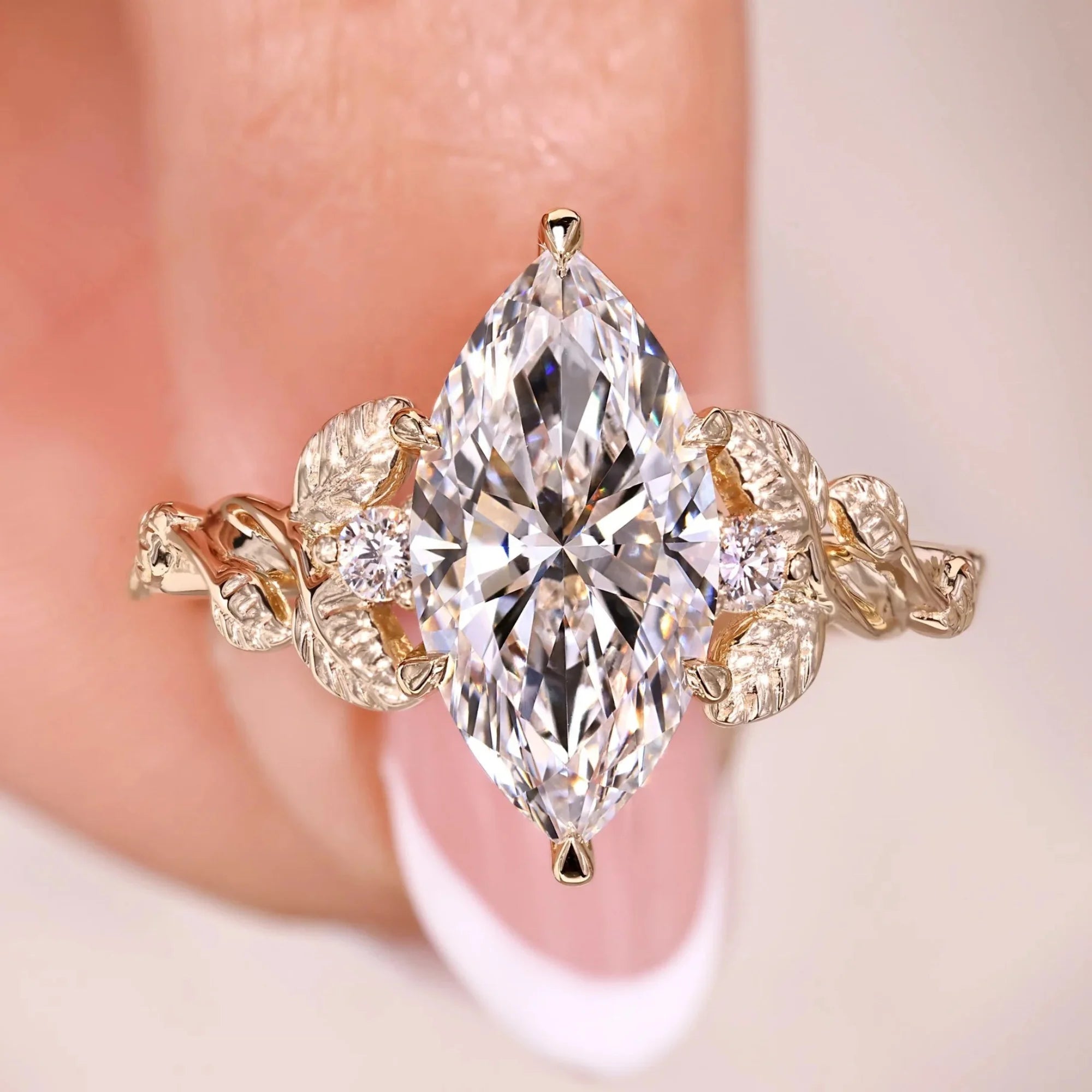 Three Stone Nature Inspired Marquise Cut Diamond Engagement Wedding Ring 2.06 Carat Lab-Grown Gold Plated