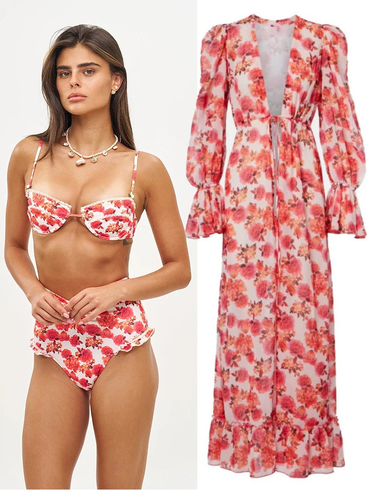 Long Dress Bikini Cover Up Print Mesh Swimwear Sexy Floral Bikinis Covers Thongs Swimsuit Biquini Beachwear