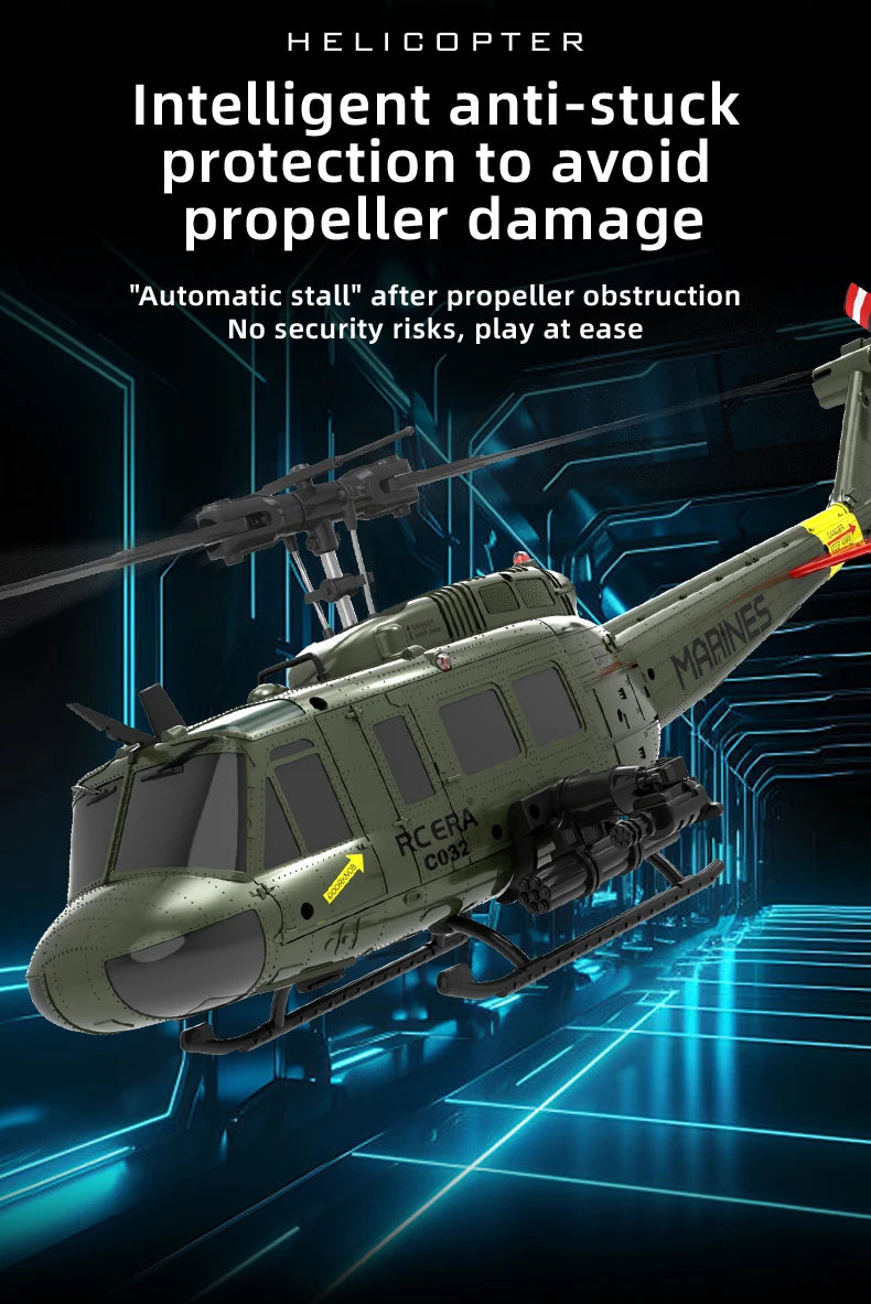 RC ERA C032 UH1 Huey Weathered Marine 6ch RC Helicopter with Optical Flow TOF Auto Stabilized Remote Control Hobby Toys for Boy