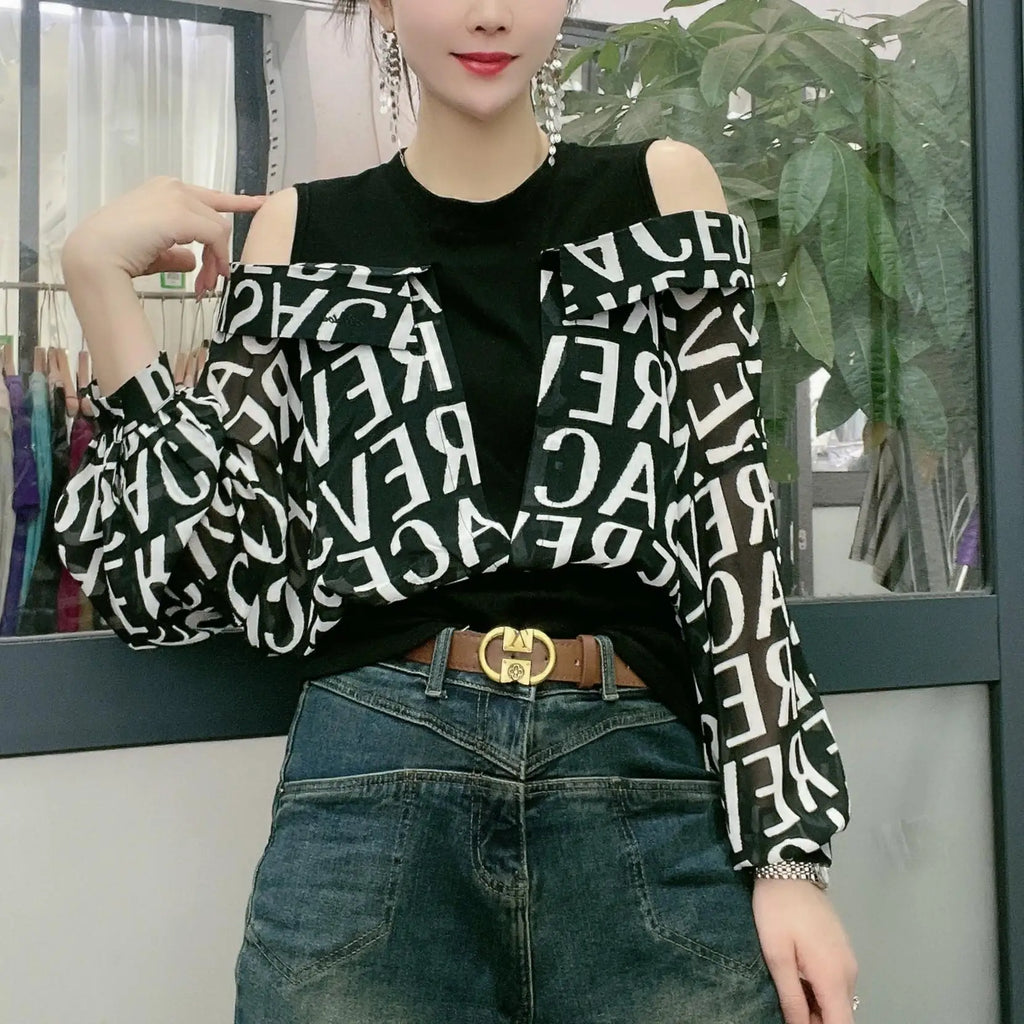 Autumn and Winter Women's Pullover Round Neck Panel Plaid Letter Bottom Shirt Fashion Casual Elegant Commuter Long Sleeve Tops
