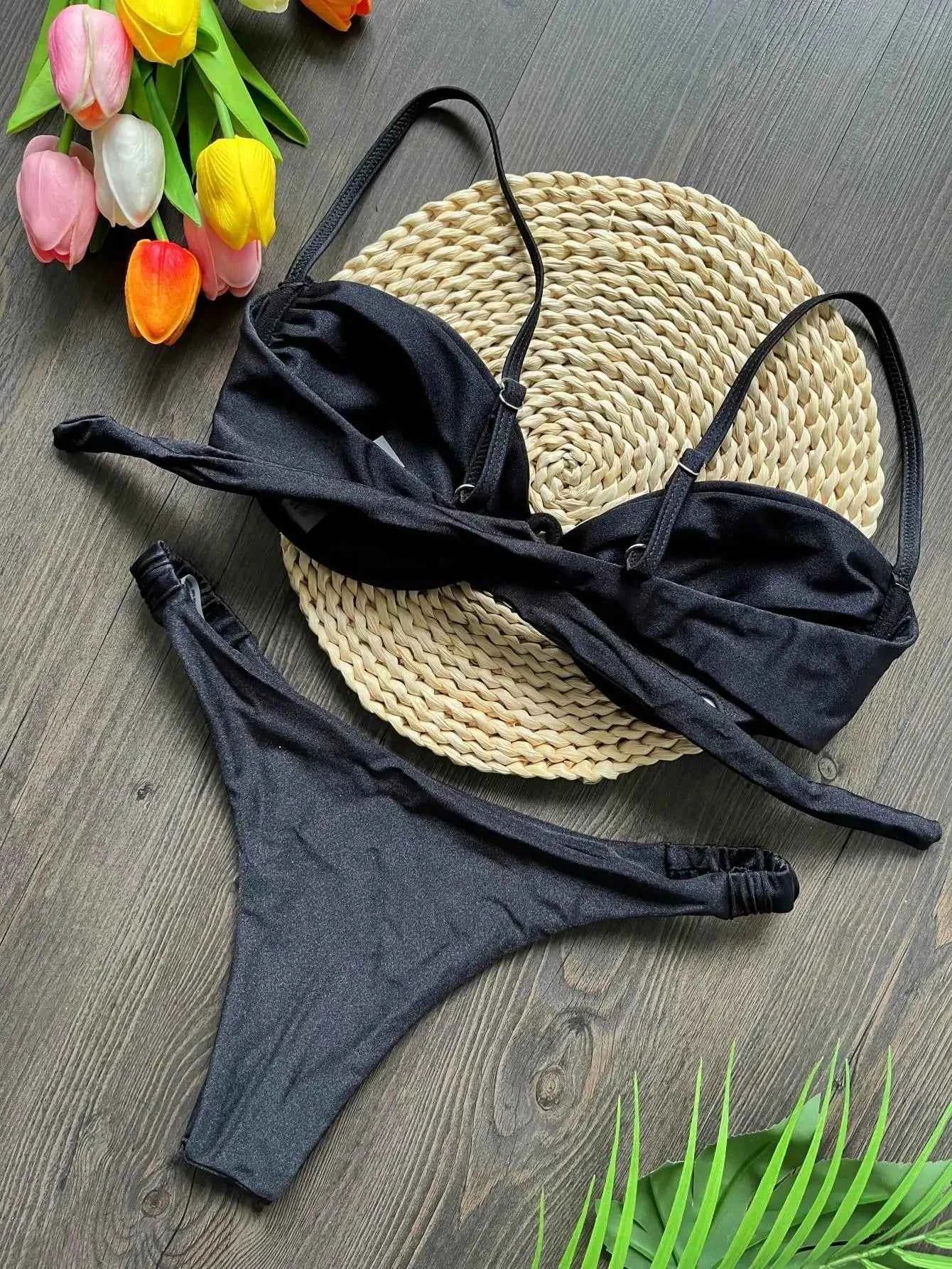 Sexy 3D Flower Bikini Set 2026 Women Black White V Wire Underwired Micro Mini Swimsuit Beach Bathing Suit Pleate Thong Swimwear