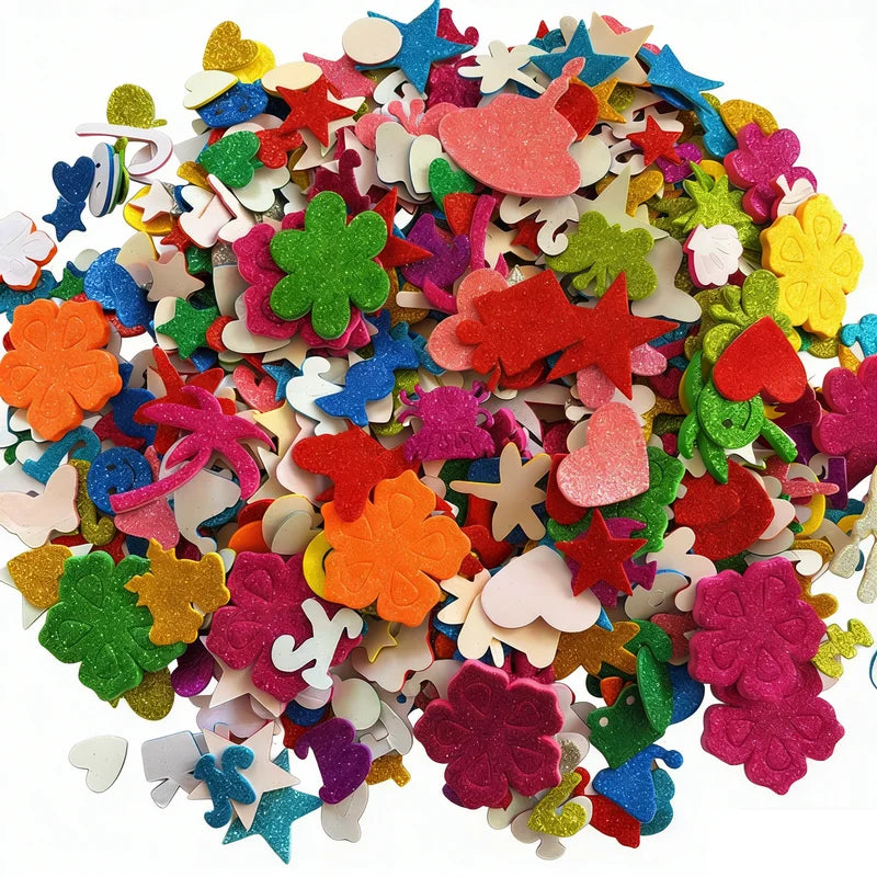 100PCS Glitter Foam Stickers Assorted Shapes Self-Adhesive Craft Stickers for Kids DIY Scrapbooking Card Making Classroom Decor