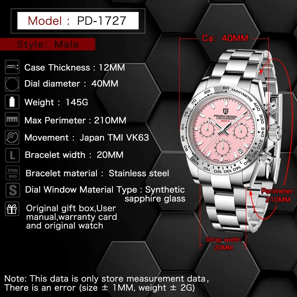 PAGANI DESIGN New Stainless Steel Bezel Men Quartz wristwatches Luxury Sapphire Glass Chronograph VK63 Watch Men reloj hombre