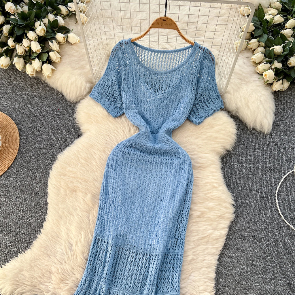 Women Hollow Knitted Dress Summer Flower Short Sleeved Fishtail Bodycon Dress with Camisole Dresses Vintage Party Long Robe