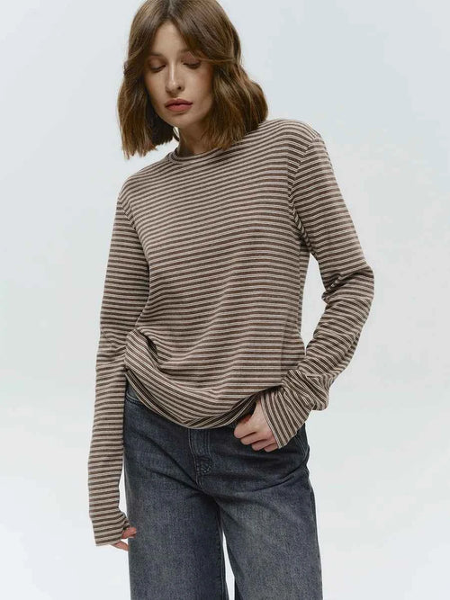 Bornladies Autumn New Fashion Women Cotton Striped Long Sleeve T Shirt Office Casual Simple Round Neck Pullover Tops & Tees