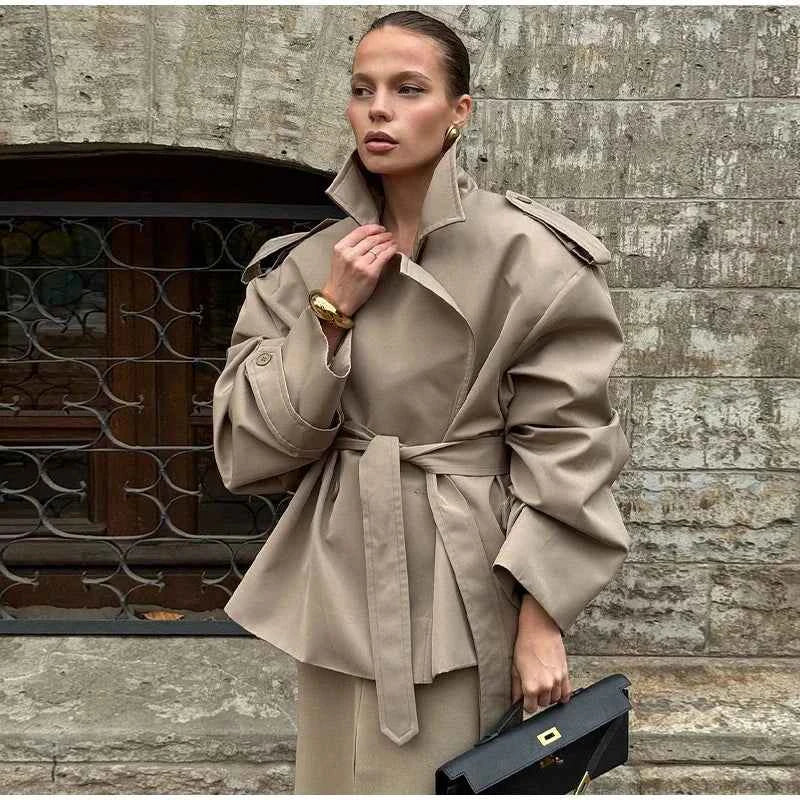 Cropped Lace-up Blue Casual Trench Coat Women Lapel Long Sleeve Wide Shoulder Windbreaker Jacket Fall Commute Daily Streetwear