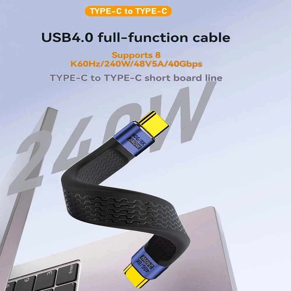 USB4 Short Cable 40Gbps Data Transfer 240W PD Fast Charging Thunderbolt 4/3 Interface Flat USB-C Cord for Laptop Phone Tablet