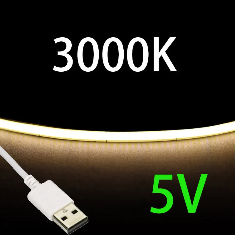 USB 5V COB LED Strip Lights 2.7mm Very Thin Multicolor 480LEDs 1m 2m For Computer Indoor Linear Tape Lights Flexible Convenient