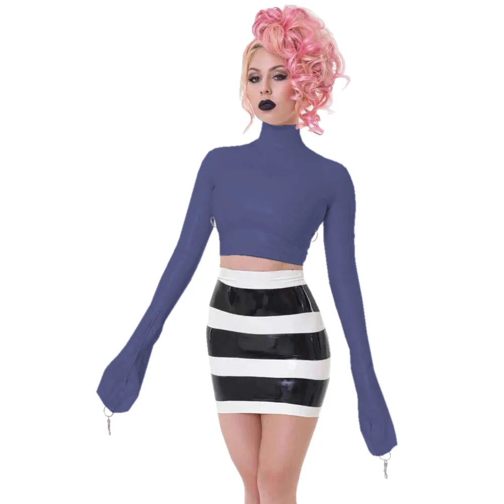 Sexy Crop Tops with Finger High Neck, Slim Skinny Leather, PVC Short Shirts, Vinyl Sexy Top with Lock Key, Club Night