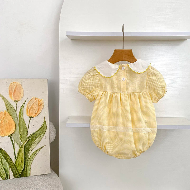 2026 Summer Baby Girl Embroidered Collar Bodysuits 0-24M Baby Girl Romper Newborn Short Sleeved Baby Girl Yellow Jumpsuit