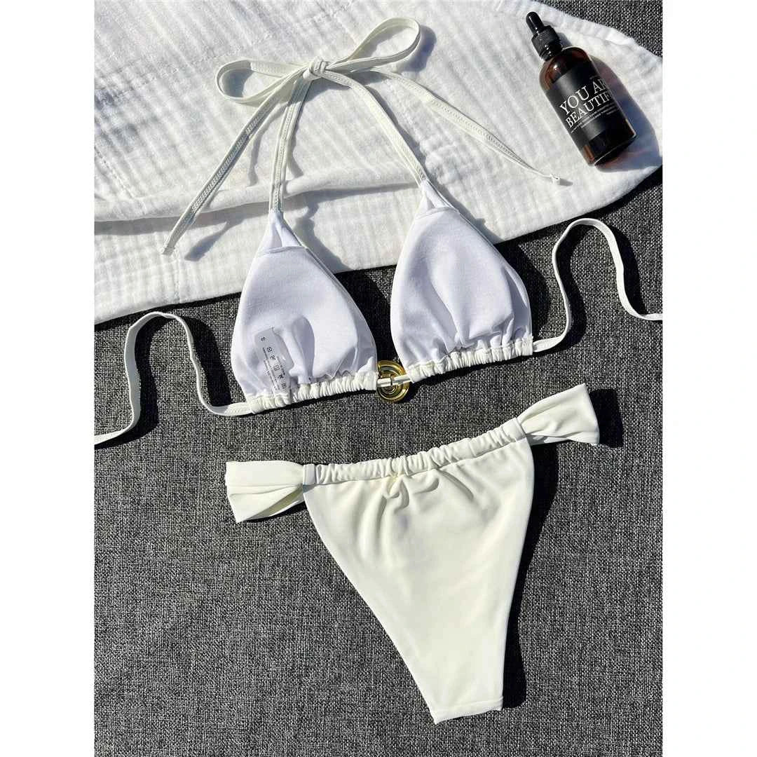 2025 Halter High Cut Leg White Bikini Women Swimwear Female Swimsuit Two-pieces Bikini set Padded Bather Bathing Suit Swim V6837