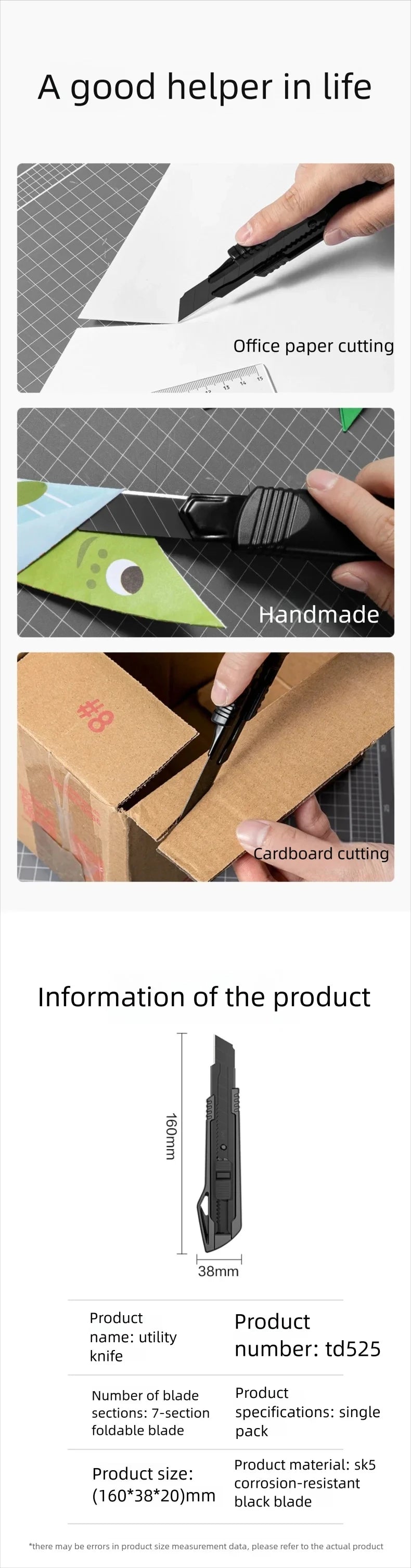 Deli Heavy Duty Utility Knife Sharp Black SK5 Carbon Steel Blades 9mm/18mm/Auto-Retractable Box Cutter for Cardboard Cartons