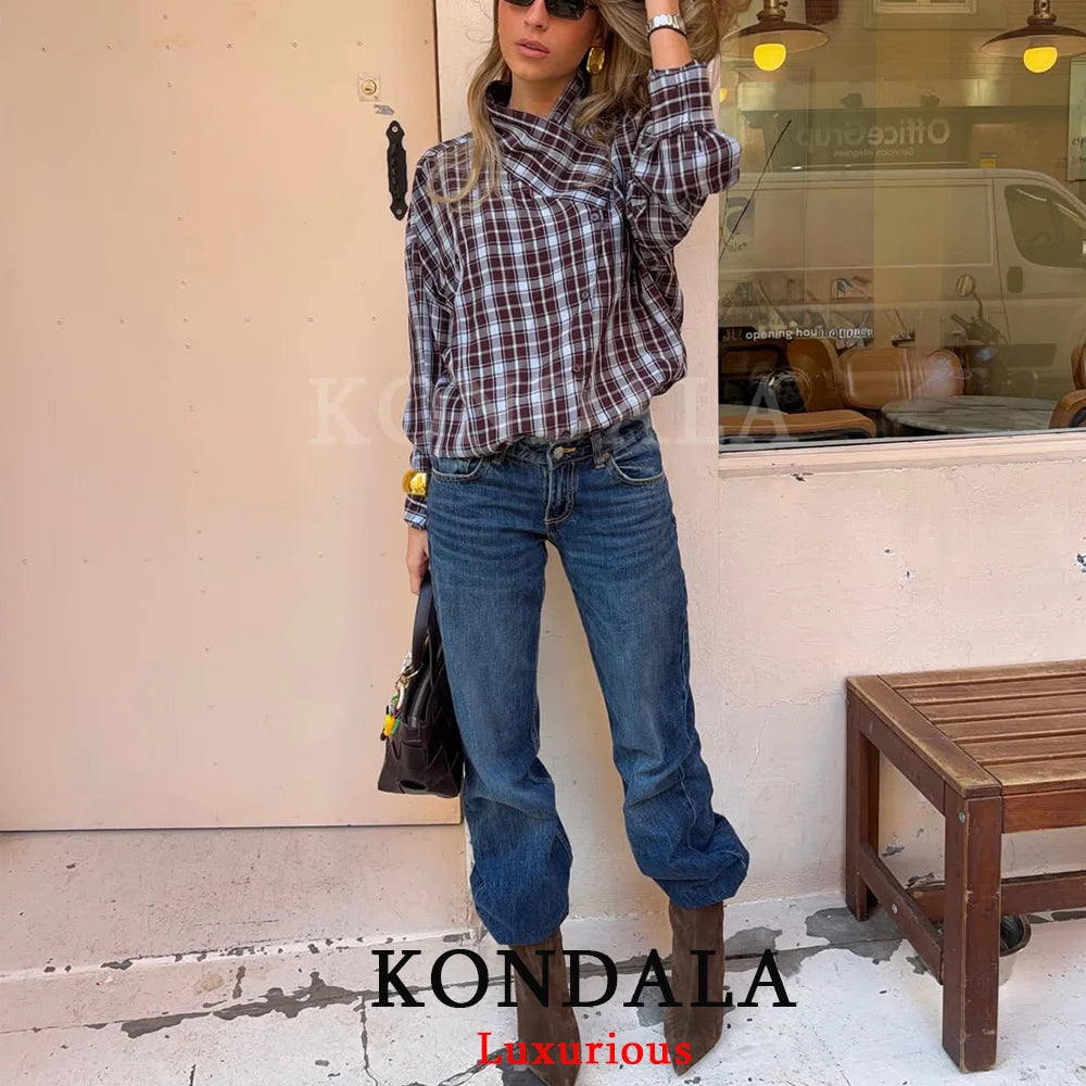 KONDALA Streetwear Casual Chic Women Blouse Plaid Stand Collar Single Breasted Blouse Fashion 2026 Spring Summer Holiday Blouse