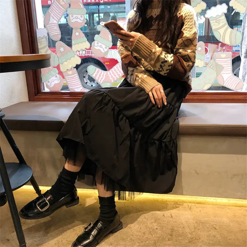 Long Tulle Midi Skirts Womens  Autumn Elastic High Waist Mesh Tutu Pleated Skirts Female Black White Long Skirt Streetwear
