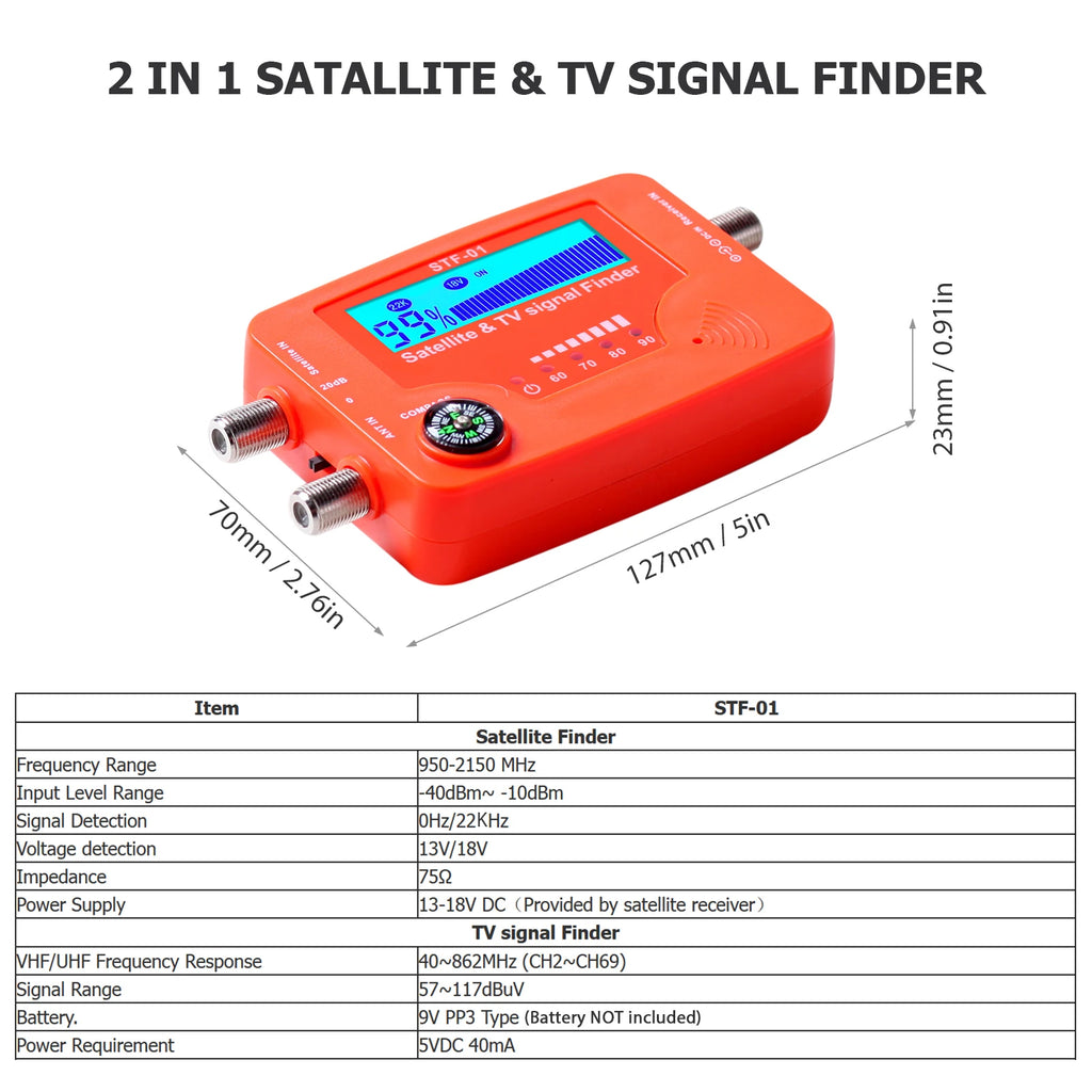 2 in 1 Satellite and TV Signal Finder LCD Digital Satellite Finder TV Antenna Signal Strength Signal Meter with Compass Alarm