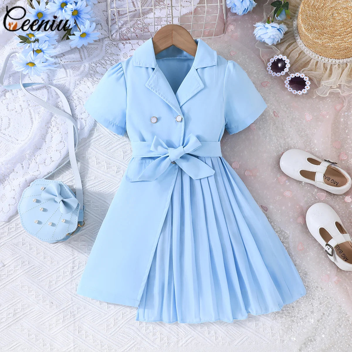 Ceeniu 3-8Y Kid's Jacket Dresses For Girls Lapel Patchwork Frill Blazer Dress For Girls Fashionable Children Clothes Girls