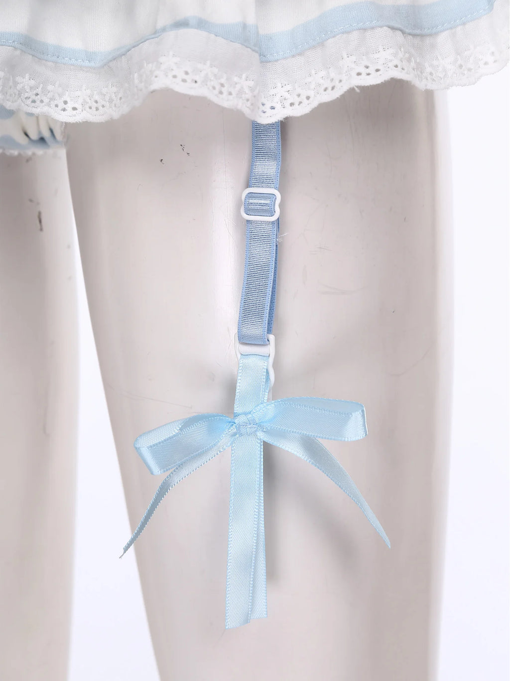 Women Anime-style Built-in Briefs Miniskirt with Garters Belt Culottes Cute Tiered Striped Hem with Lace Trim Bow Shorts Skirt