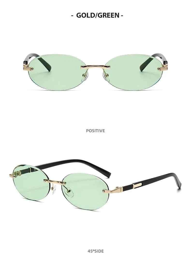 Popular Women Men Shades Oval Sun Glasses for Female Male Summer Traveling UV400 Rimless Sunglasses Round Fashion Gafas De Sol