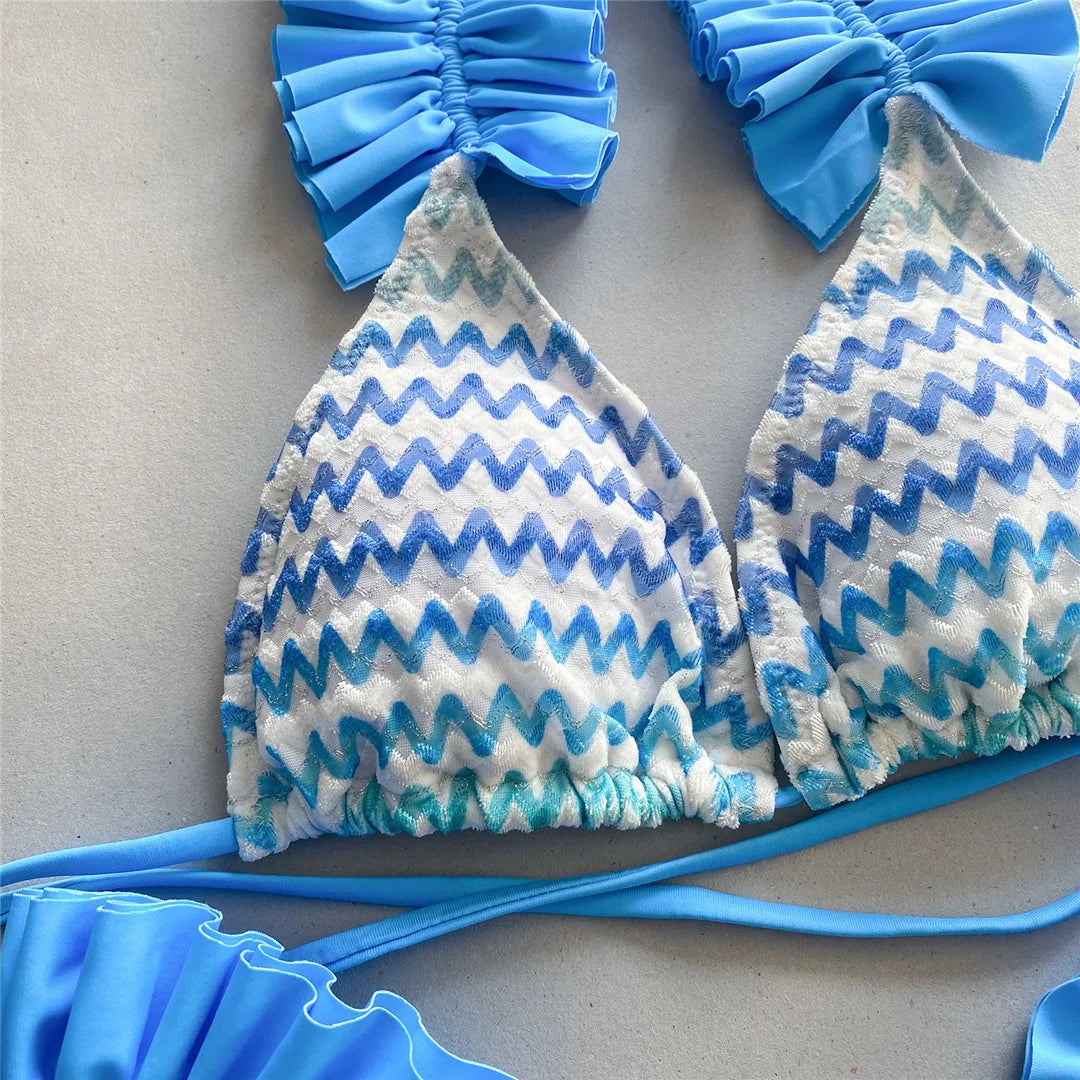 With Skirt Waved Ruffled Frilled Bikini Female Swimsuit Women Swimwear Three-Pieces Bikini Set Bather Bathing Suit Swim V5235