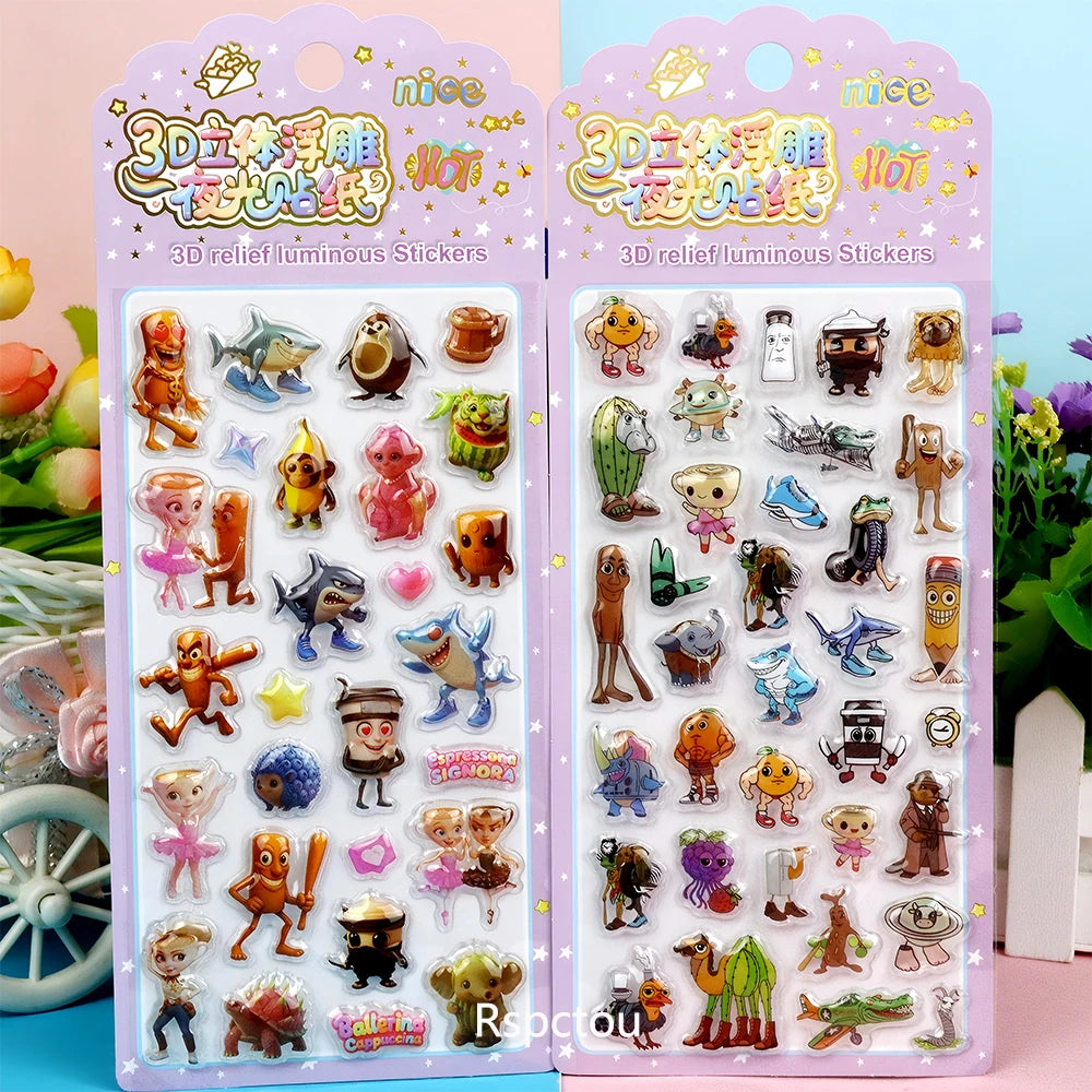Cute Italian Brainrot Cartoon 3D Relief Stickers Funny Tung Tung Tung Sahur Bubble Decals Waterproof Decoration Sticker Toy