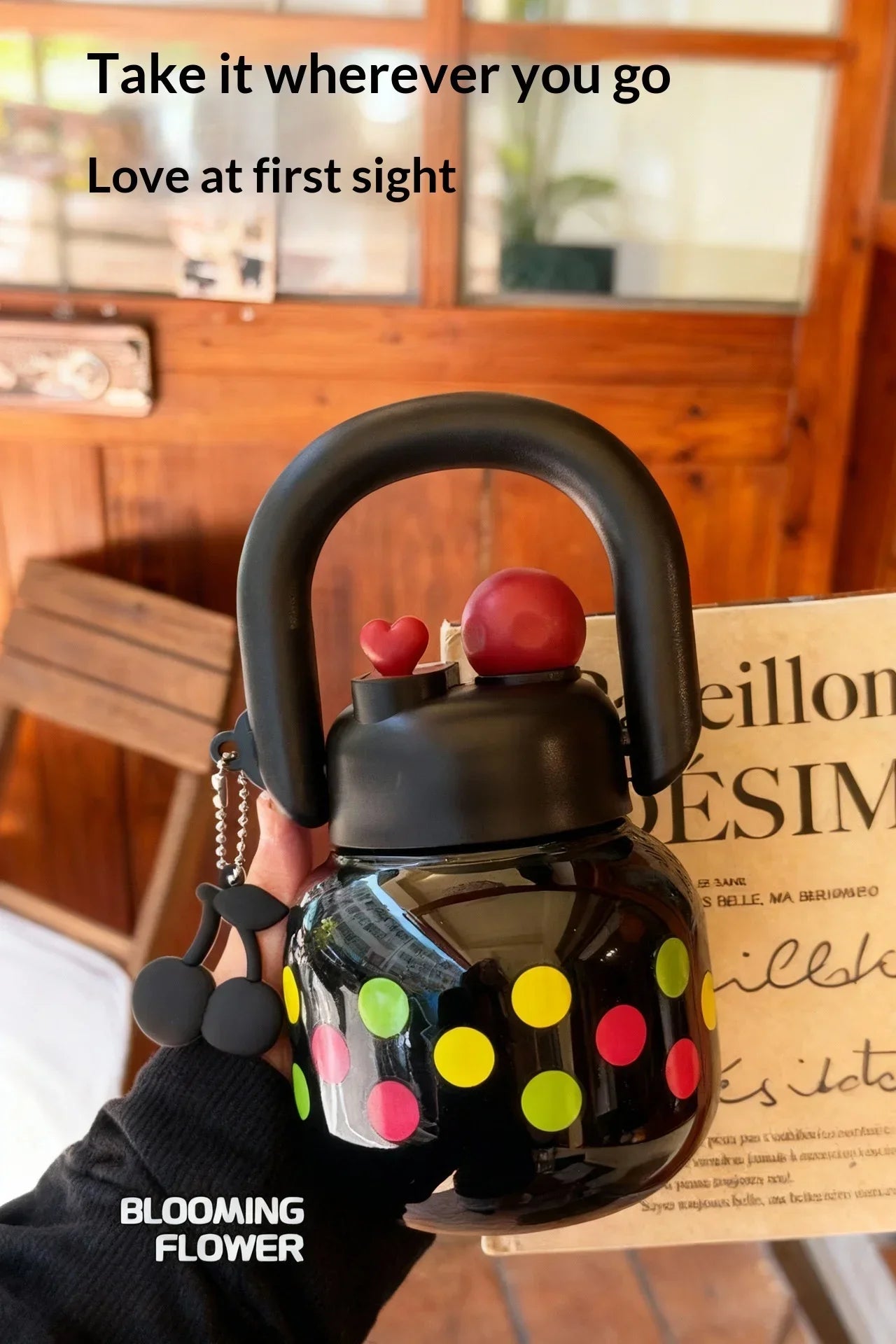 Cute Water Bottle with Decoration, Dual Straws Design, Anti-Lipstick Stain, Detachable Travel Strap Durable Plastic Material