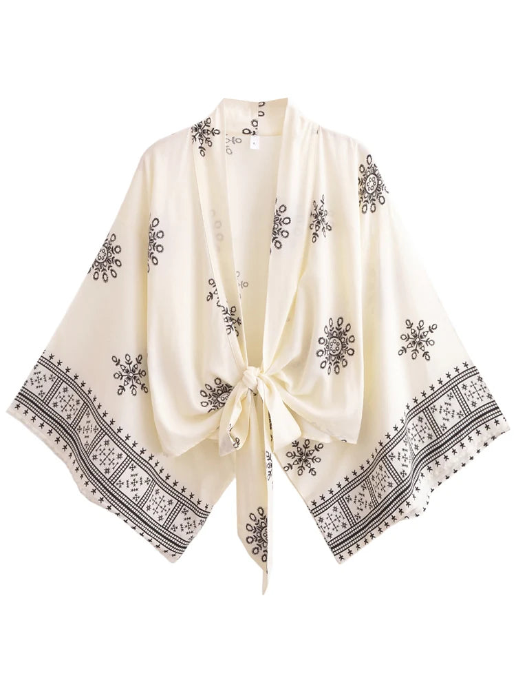 Vintage Women Fashion Boho Kimono Short Robe Swimsuits Floral Print Batwing Sleeves Bohemian Bikini Cover-Ups Beachwear