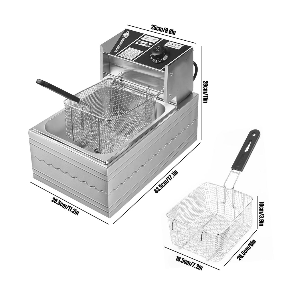 6L Electric Deep Fryer Stainless Steel Countertop Fryer with Basket for Fried Chicken French Fries with Time & Temp Control
