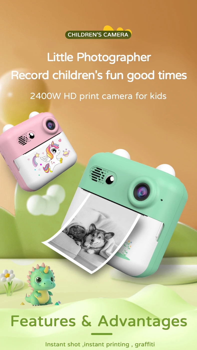 Kids Photo Camera Printer with Game Cute Bunny Mini Digital Video Child Instant Print Camera 4-12 Years Kids Girls Boyes Gifts