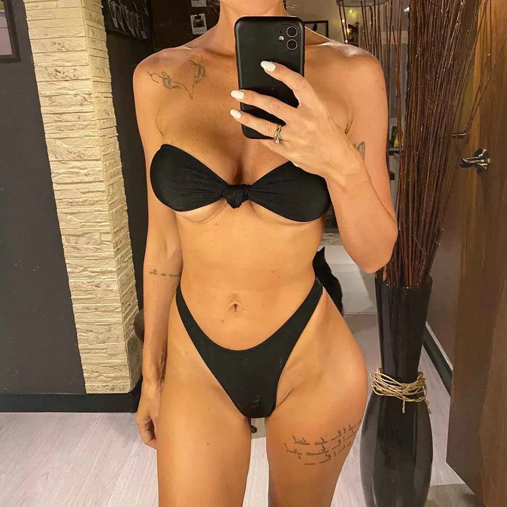 Bandeau Knotted Brazilian High Cut Bikini Women Swimwear Female Swimsuit Two-pieces Bikini set Bather Bathing Suit Swim V5930