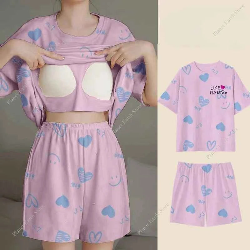 Summer Women's Pajamas Set Sleepwear 2 PCS - Short Tank Tops and Shorts with Chest Pad Womens Printing Pyjama Home Leisure Suit