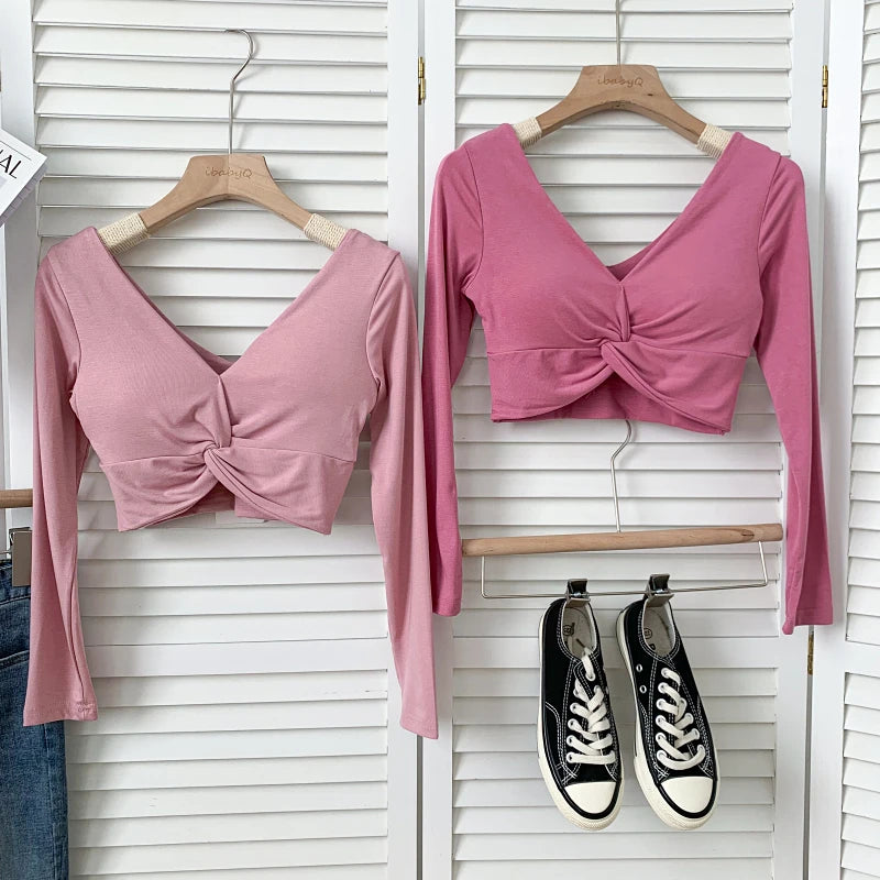 t shirt woman crop tops long sleeve kawaii T shirts built in bra women sexy top harajuku korean fashion