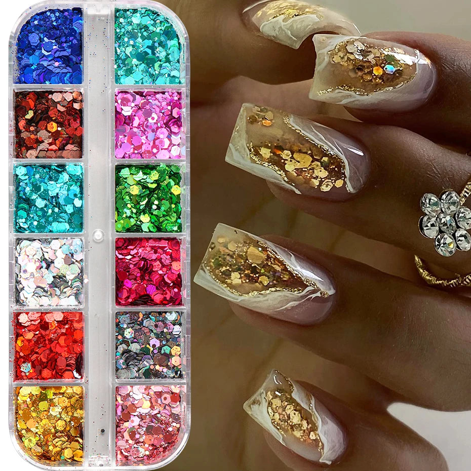 12 Colors Sparkly Holographic Nail Art Glitter Sequins Laser 3D Hexagon Flakes Nail Powder Makeup Nail Art Decorations Manicure