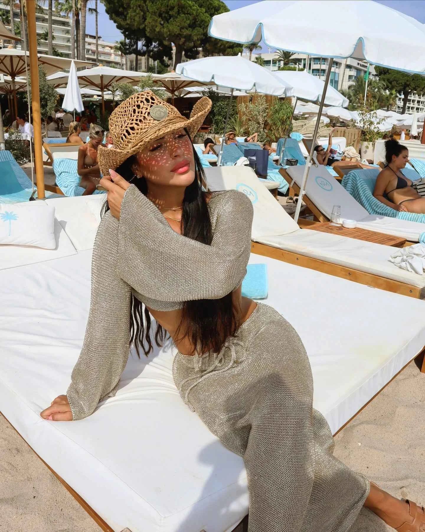Solid Colour Sexy Beachwear Swimsuit Cover Up Knit Two-piece 2026 Summer Women's Big Bell Sleeve Lace-up Top Long Skirt Set K128