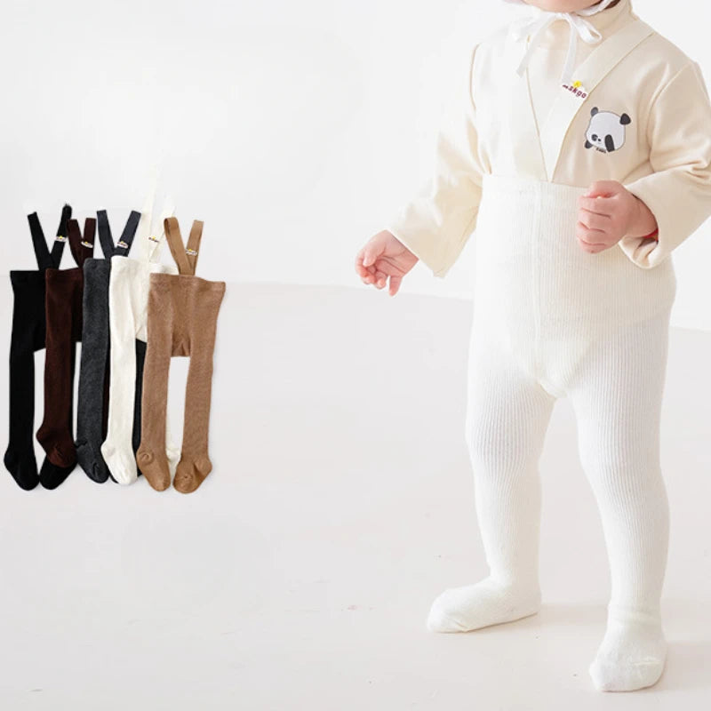 Newborn Baby Boys Girls Pantyhose Solid High Waist Ribbed Knit Tight Infant Spring Autumn Strap Leggings