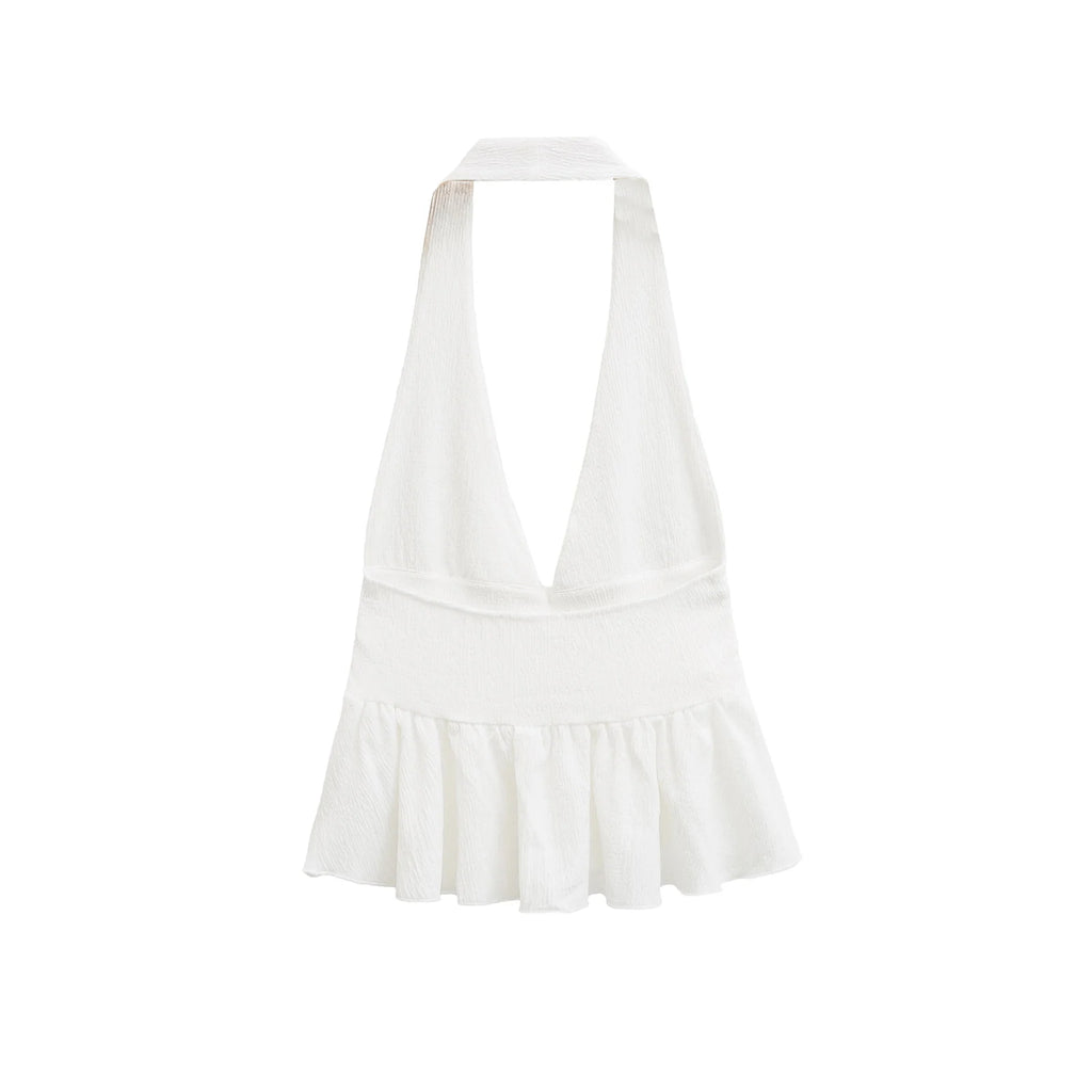 HH Women Vintage Solid Halter Vest Hem Ruffled Lady Sexy Backless Sleeveless V Neck Tops Summer Thin Casual Holiday Chic Top