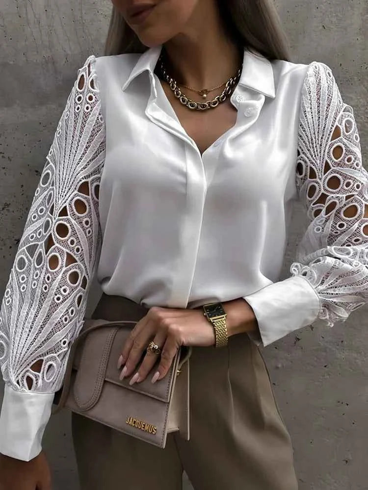 White Sexy Lace Hollow Out Women Blouse Autumn 2025 Spring Black Top Vintage Button Up Shirts Long Sleeve Mesh Design Tops 19948
