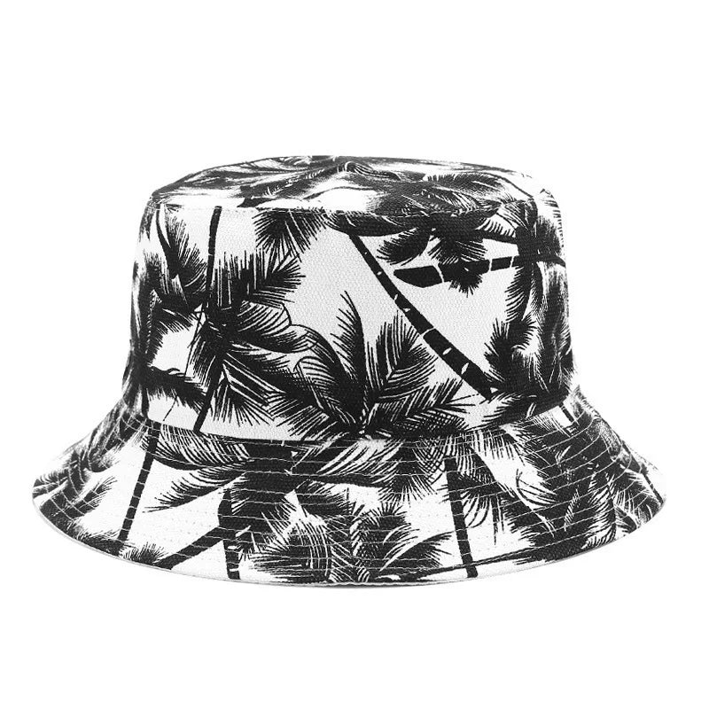 Unisex Reversible Double Sided Black Coconut Tree Printed Fisherman Caps Bucket Hats Men Women Outdoor Travel Visor Hiking Hat