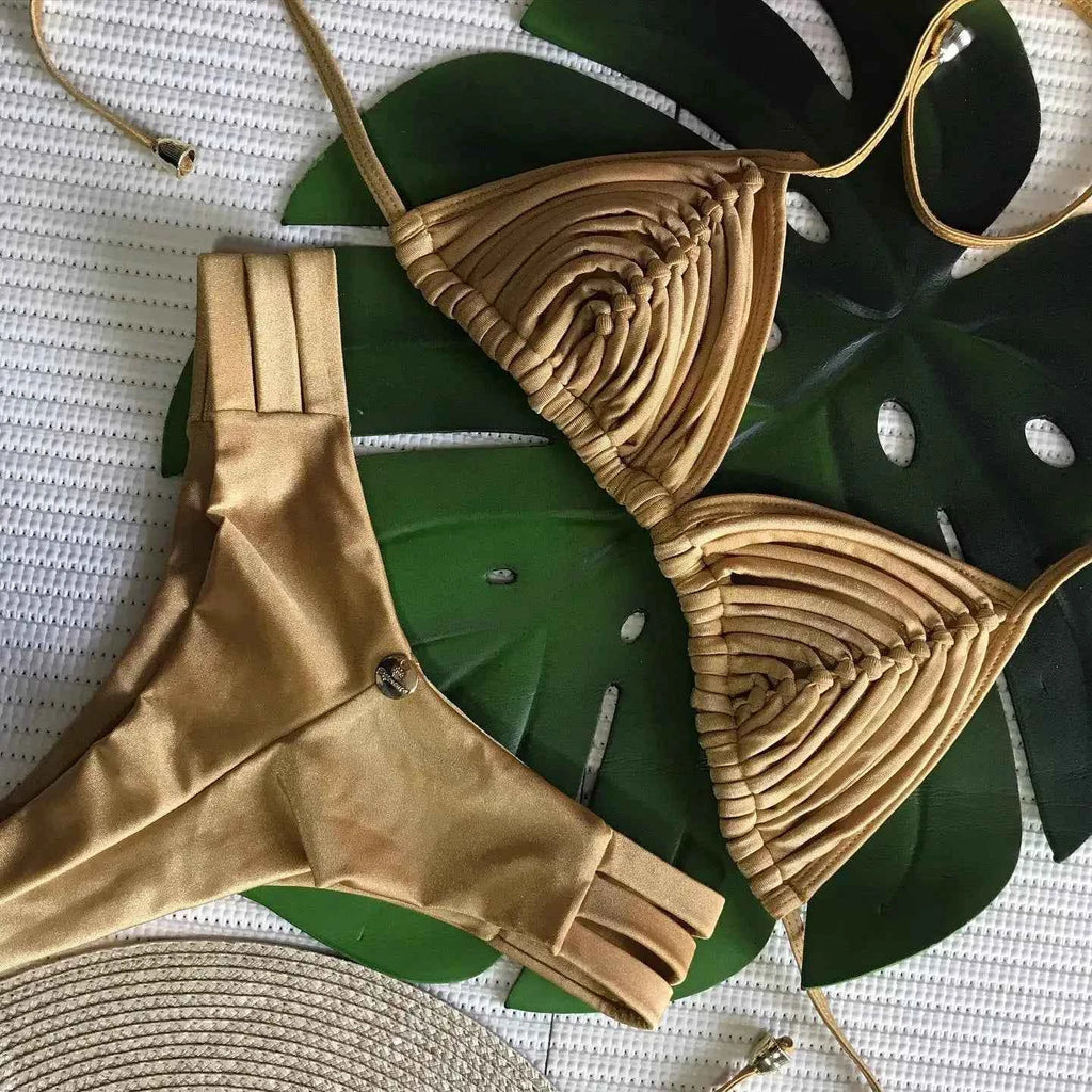 2025 New Bandage Stripes Brazilian Bikini Swimwear Women's Swimsuit Two Piece Set Female Sexy Lace up Mujer Beachwear Summer
